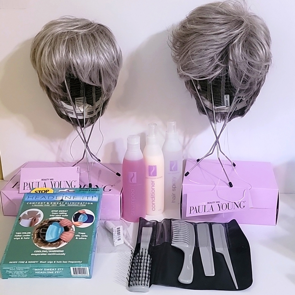 Lot of 2 NWT Paula Young S&P Gray Wigs with Accessories